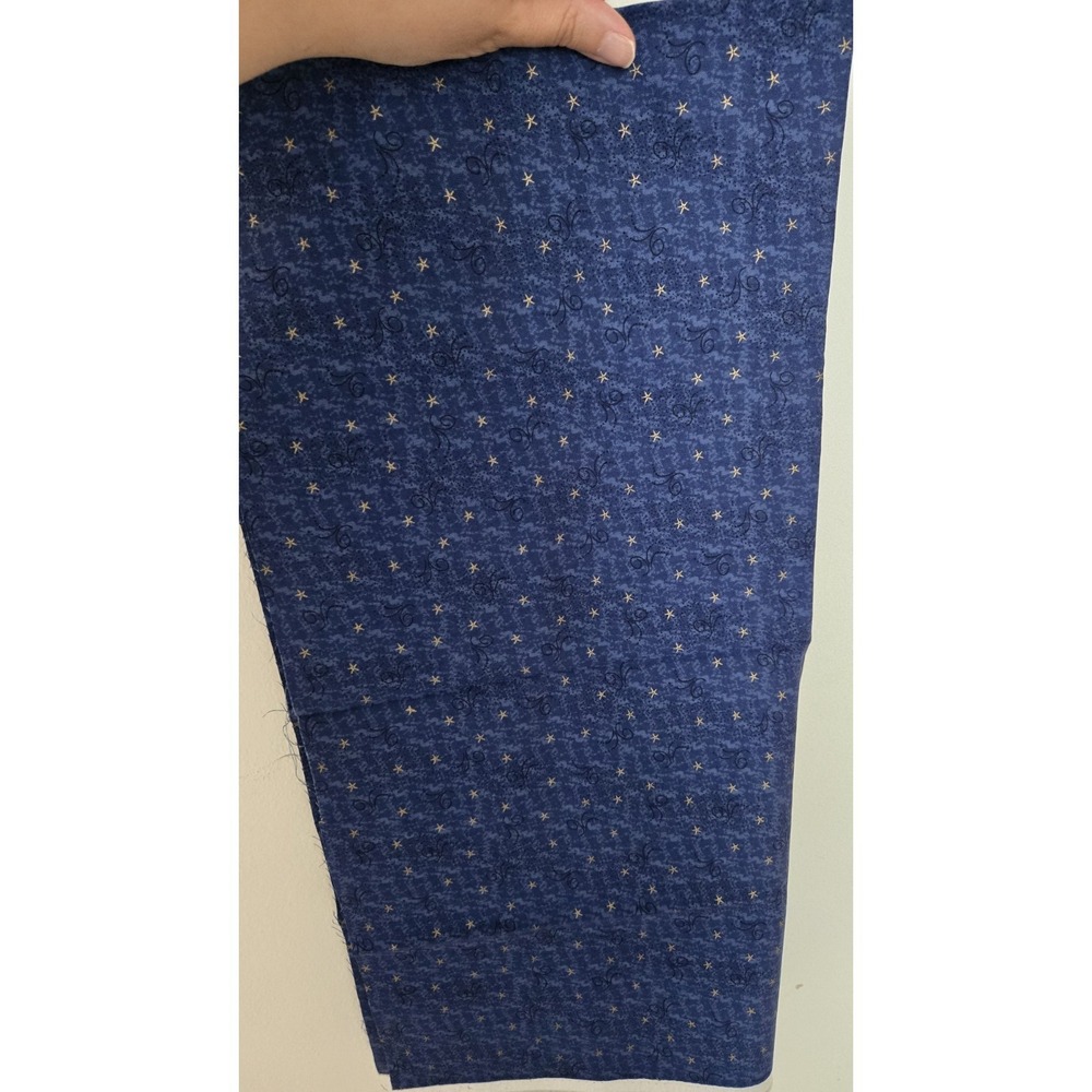 Shelly Loves Christmas Fabric Remnant Blue Gold‎ Stars Quilting Cotton 44x21